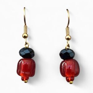 Ruby And Garnet Handcrafted Glass Lampwork Bead Earrings With Navy Blue Bead